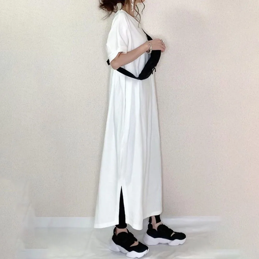 

Women Long Dress V Neck Leisure Loose Dress Oversize White Short Sleeve Ankle-Length Casual Maxi Dresse Long Robes Streetwear