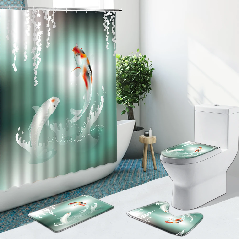 

Sea Wave Carp Chinese Style Bird Bathroom Set Shower Curtain Non-Slip Rugs Flannel Carpet Cover With Hooks Bath Mat Washable
