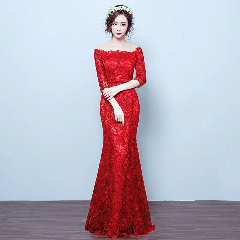 

Lace Flower Cheongsam Slash Neck Mermaid Qipao Sequins Sexy Banquet Party Dress Gown Maxi Bandage Bowknot Sashes Red Vestidos
