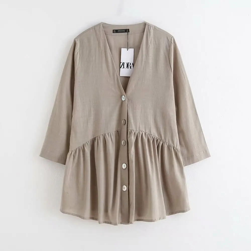 

women vintage V neck buttons pleats casual smock Shirts blouses office lady nine sleeve linen roupas femininas blusa tops LS4518
