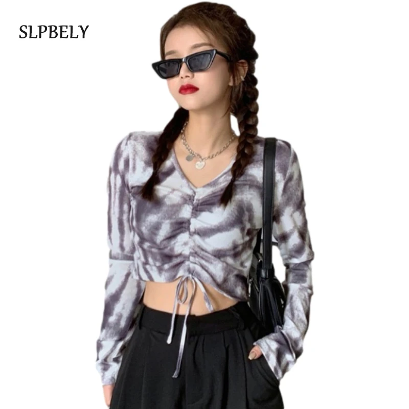 

SLPBELY Women Tie Dye Long Sleeve Drawstring Bottom T Shirt 2021 New Sexy V Neck Slim Tight Top Skinny Tee Shirt Spring Autumn