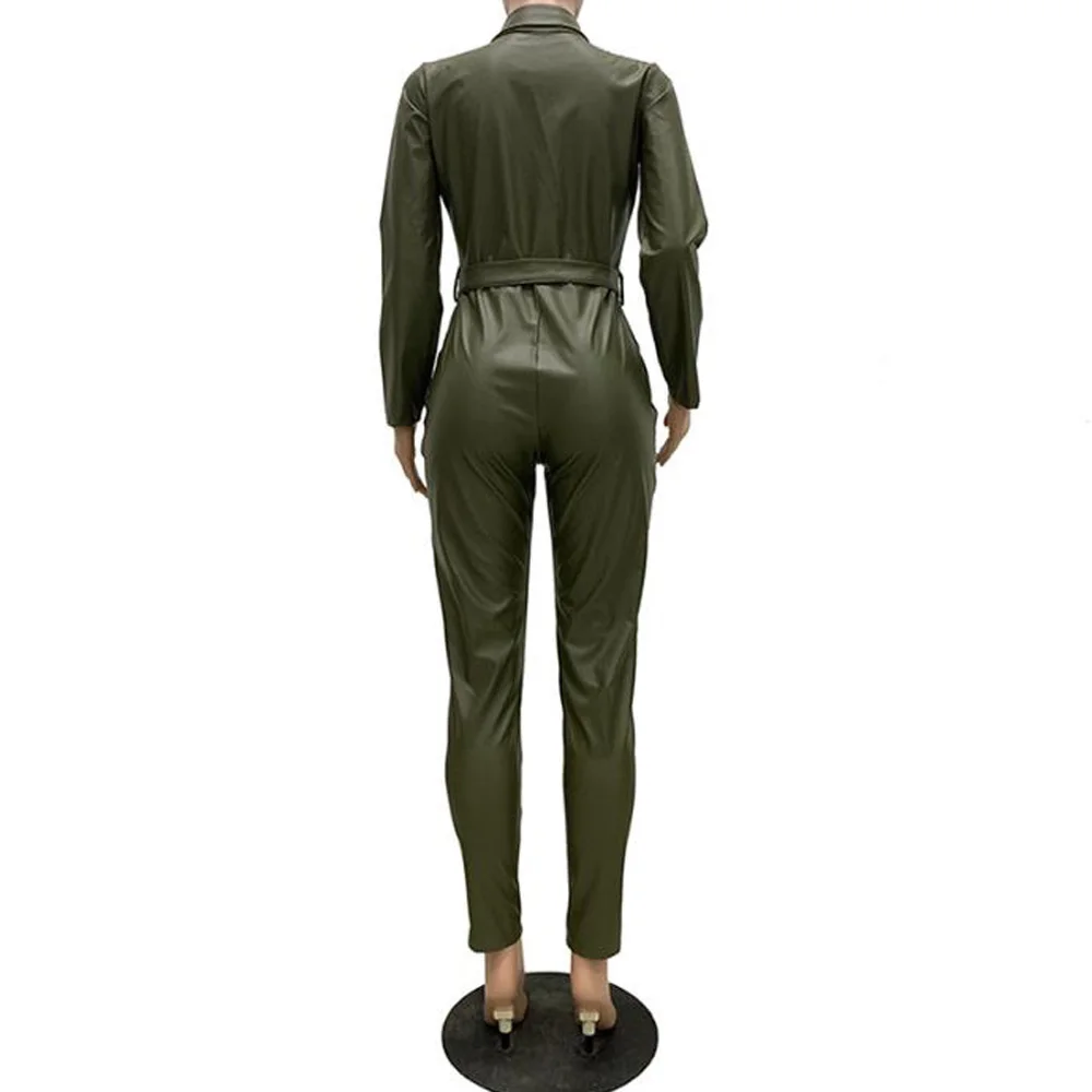

Long Sleeve Faux Leather Jumpsuit For Women Streetwear Bodycon Outfits Club Party PU Jumpsuits Belt Long Pants Rompers Overalls
