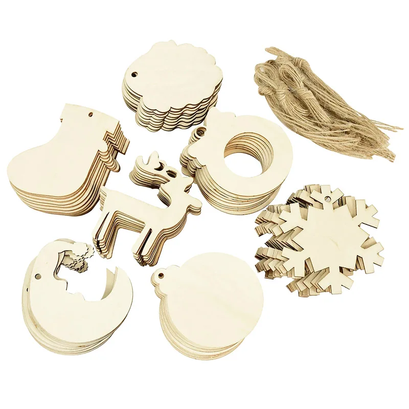 10Pcs Santa Claus Christmas Tree Hanging Ornaments Pendant DIY Natural Wooden Chip Snow Elk Christmas Party Decorations For Home