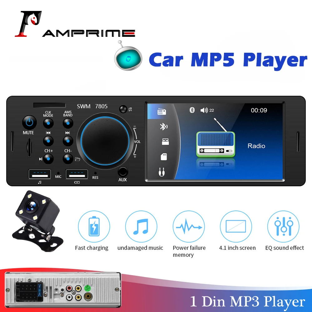 Автомагнитола AMPrime 1 din 12 В Bluetooth mp5-плеер FM-радио Aux вход SD USB мультимедийный плеер