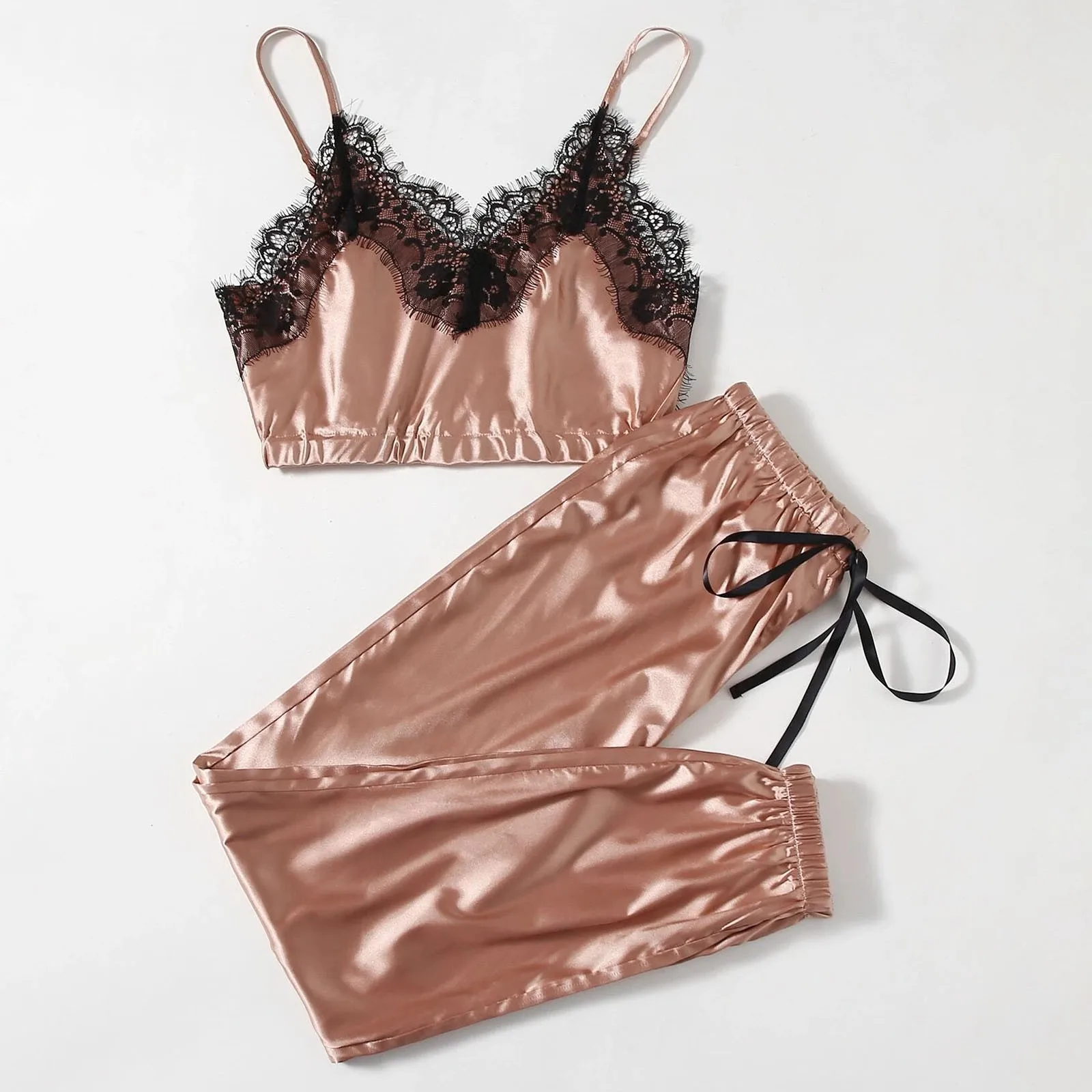 

Sexy Lace Pijama Sets Women Casual Comfort Pyjamas Sleevesless Long Pants 2pcs Home Clothing V-Neck Camisole Bowknot Nightwear A
