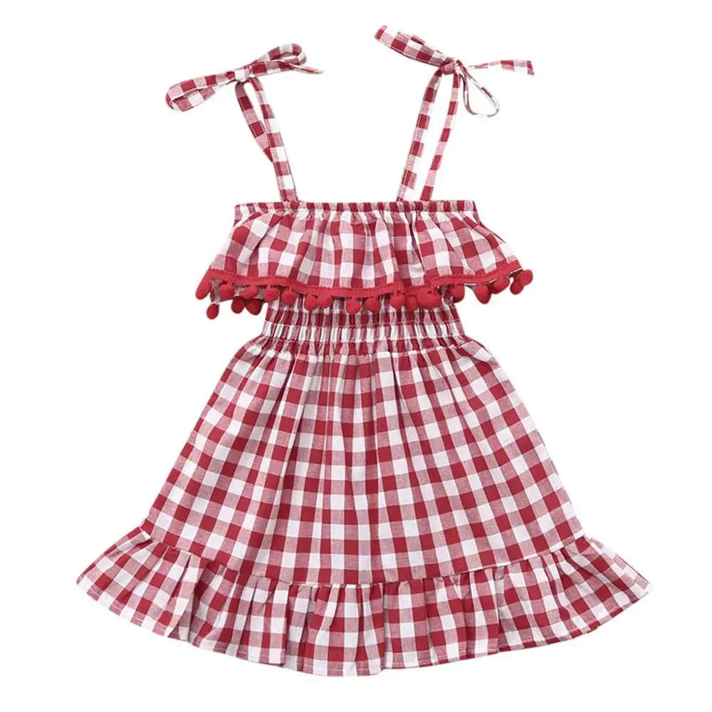 Birthday Party Dress Casual Summer Princess For Kids baby Girls Cotton Sleeveless Condole Belt Tassel Plaid Dresses | Детская одежда и