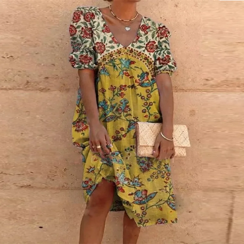 

Summer Casual V-Neck Solid Loose Dress Women Mid-Calf Dress Elegant Lady Puff Sleeve Large Size XXXL Dress Outdoor Wear Vestido