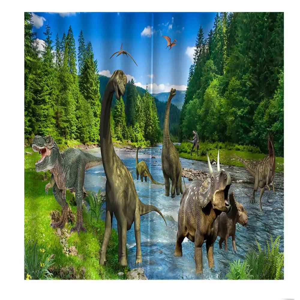 

Dinosaur in the virgin forest Curtains Digital Print Photo Children's room Window Drapes Indoor Decor sets 2 Panels With Hooks