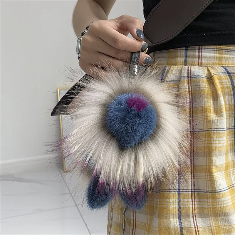 Пушистый настоящий норковый мех кулон милый Синий Лев женская сумка висячий