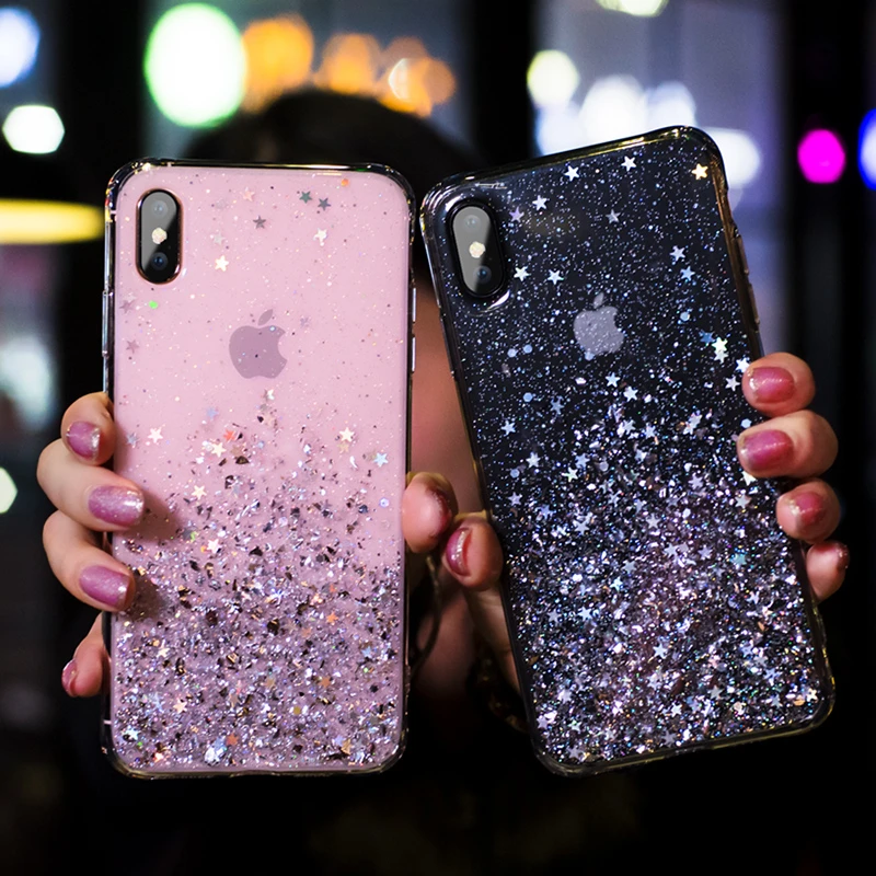 Простой блестящий чехол из фольги со звездочками для iPhone 6 6S 7 8 Plus мягкий