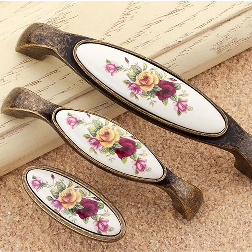 Винтажный керамический дверные ручки Сельский цветок белый бронза мебельная