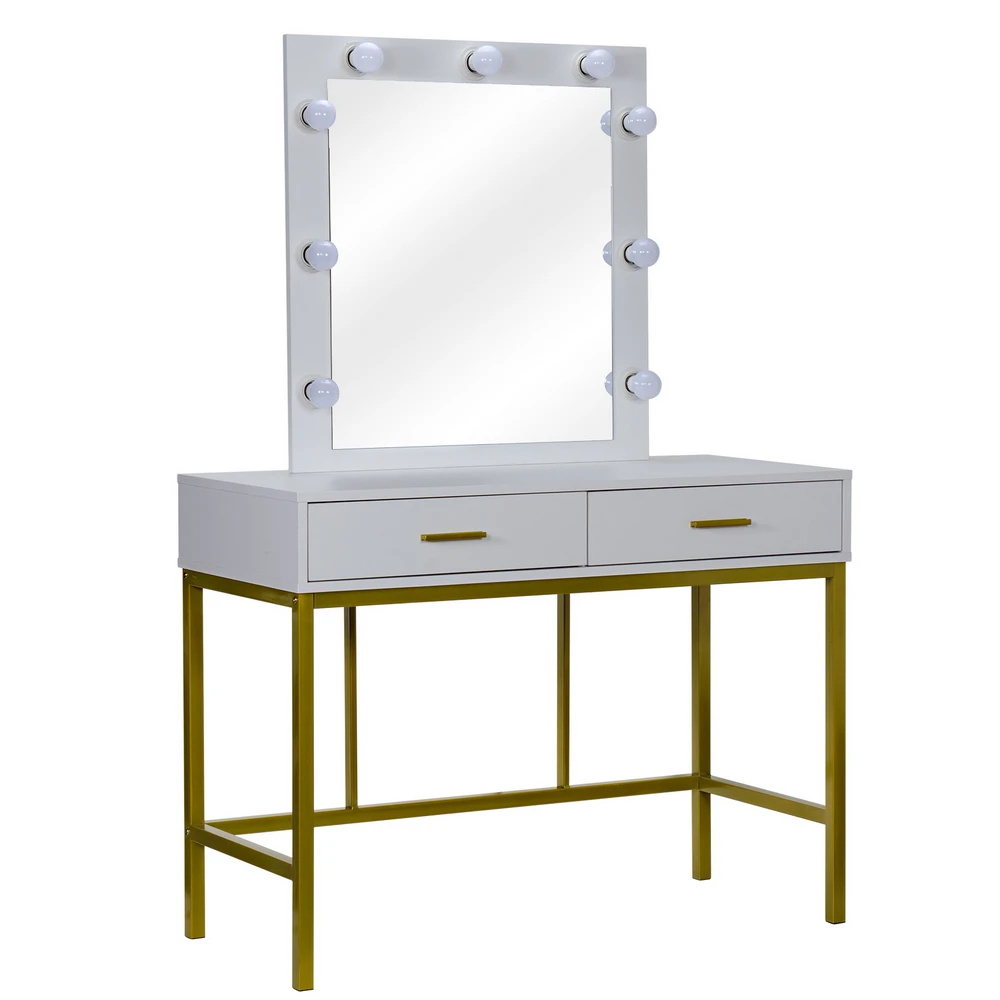 

Dresser Dressing Table Golden Steel Frame Square Mirror with 2 Drawer 9 Light Bulb White[US-Stock]