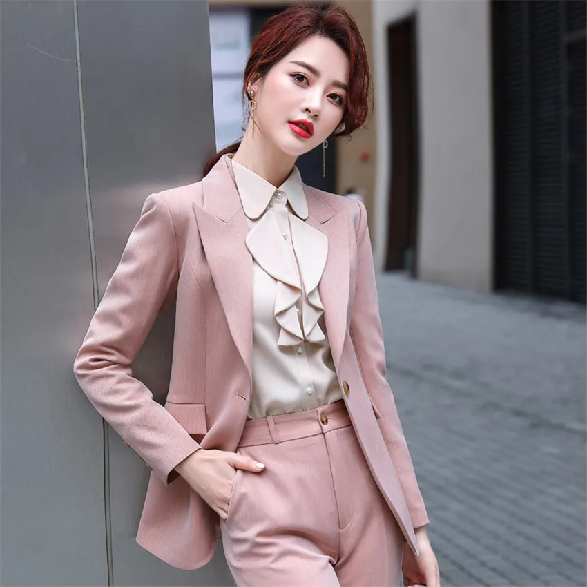 Women's Pants Suit 2020 Fall Winter Design Women one button Slim Office Lady Work Jacket Coat + Pants 2 Pieces Sets Mujer
