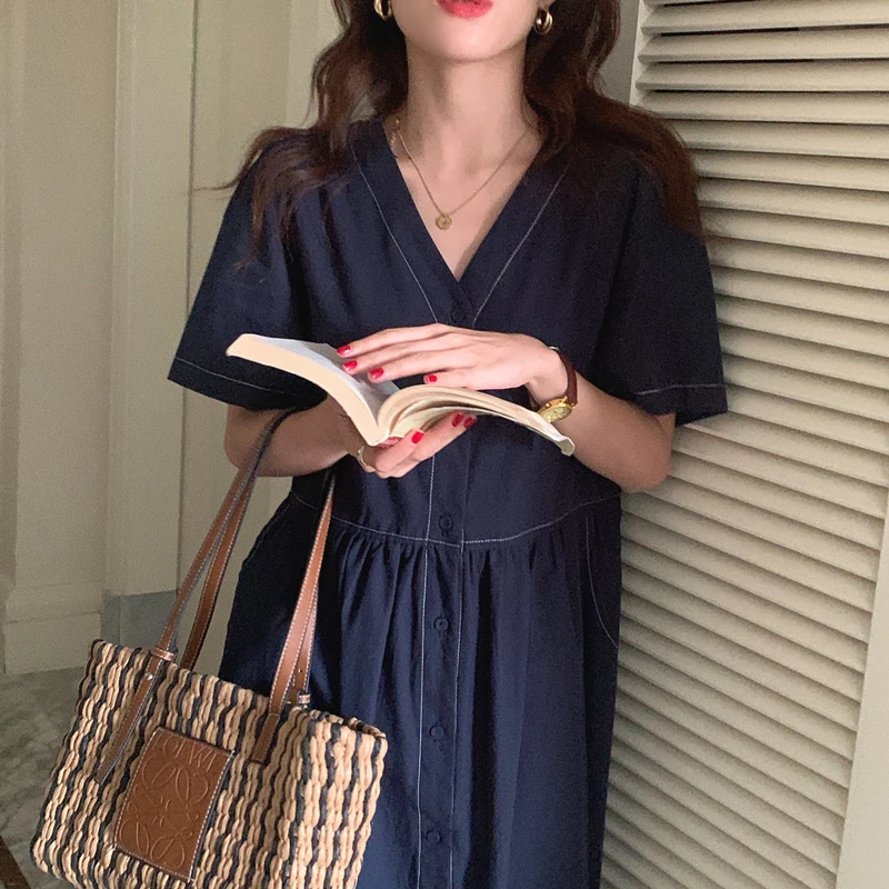 

Женское винтажное платье-рубашка с V-образным вырезом, свободный однобортный сарафан-трапеция с завышенной талией, лето 2021