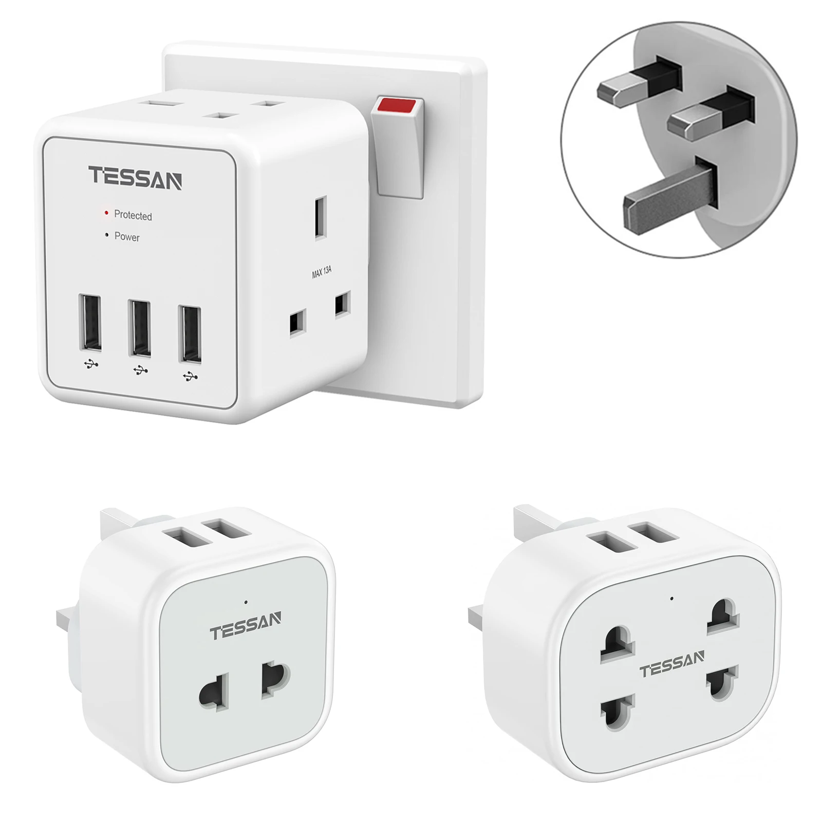 

TESSAN White Multi Sockets UK Power Strip with 2 Way Outlets 3 USB Ports Wall Charger Sockets Adapter Power Extender for Home