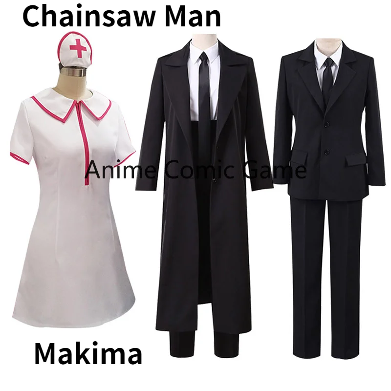 Anime Comic Chainsaw Man Costumes Makima Cosplay Nurse Uniform Dress Black Suit Trench Coats Halloween Costume Unisex Full Set
