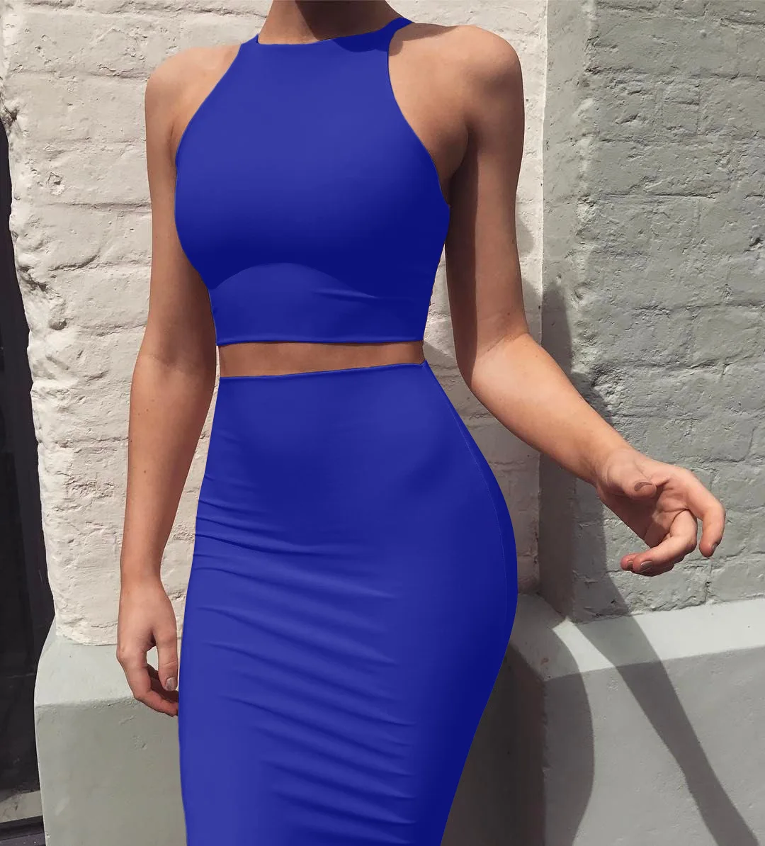 

Women Royal Blue Sleeveless Halter Dress Set Sexy Summer Two-piece Set Girl Skirt Set Plus Size 2 Piece Outfits Women Clubwear