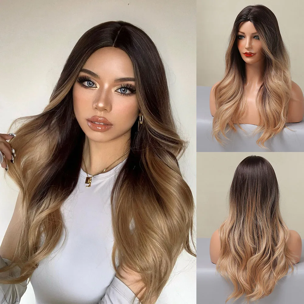 

HENRY MARGU Long Brown Blonde Ombre Synthetic Wigs for Women Natural Wavy Wigs Cosplay Middle Paert Hair Wig Heat Resistant