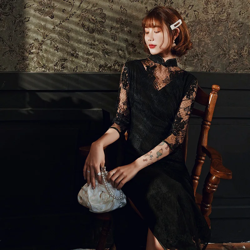 Длинные Стильные Женские китайские традиционные костюмы кружева Ципао Чонсам с