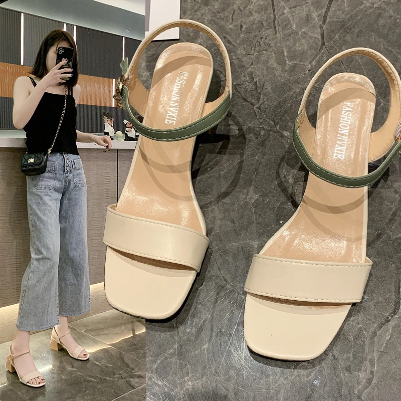 

New 2021 Summer Sandals Knitted Buckle Fish Mouth Ankle Strap 4cm Middle Heel Yellow Green Black Beige Large Size 42
