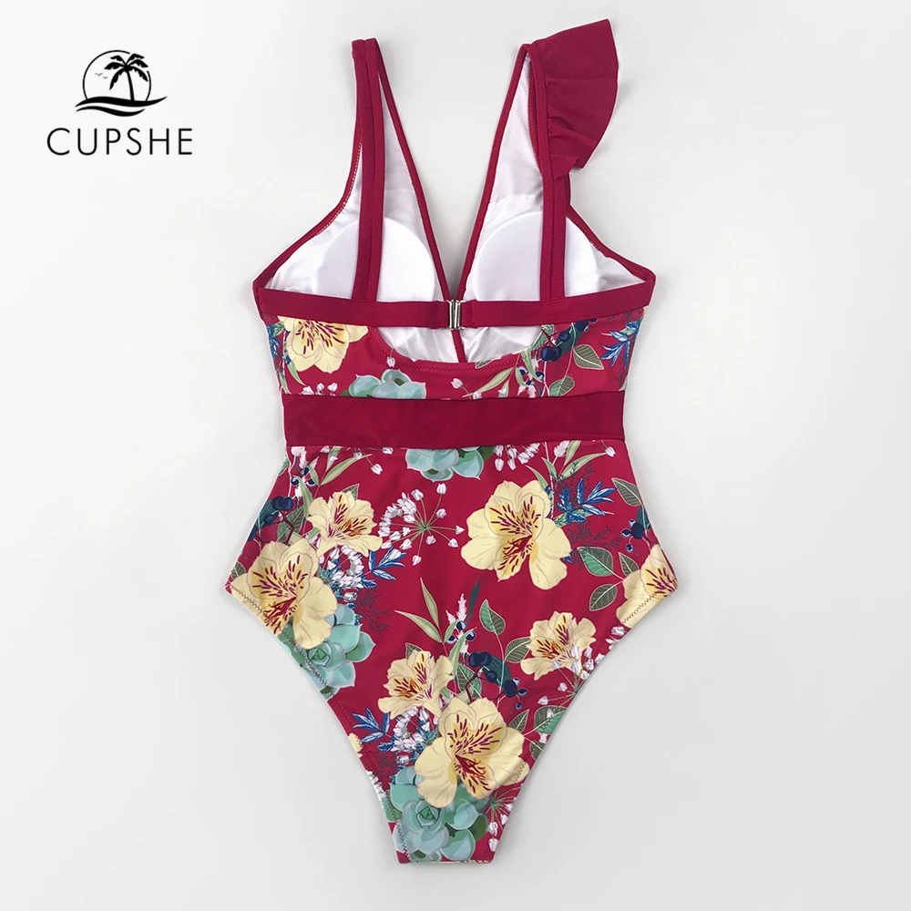 Женский купальник CUPSHE красный с цветочным принтом глубоким вырезом подкладкой
