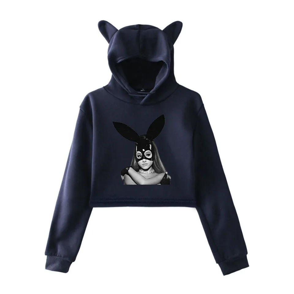 Cotton Pink Hoodie Crop Sweatshirts Cat Ear Hat High Waist Woman Pattern Printing Womens Clothing Streetwear 2019 | Женская одежда