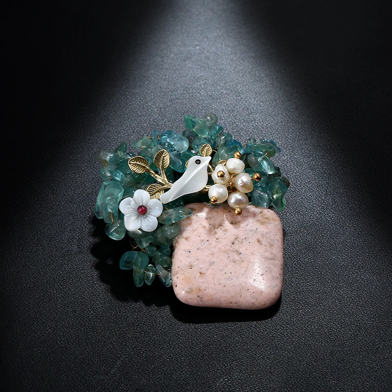 KCALOE Pink Square Natural Stone Brooches Hijab Pins Shell Flowers Pearl Irregular Blue Stones Vintage Brooch Gifts For Women | Украшения и