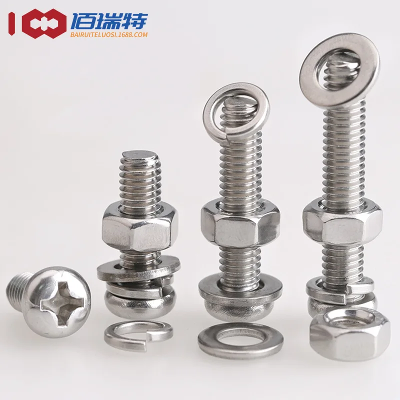 

M2M2.5M3M4 Stainless Steel 304 Round Head Cross Screw Nut Gasket Set Complete Spring Pad Combination 50PCS