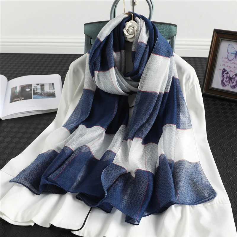 

Шелковый шерстяной шарф для женщин пашмины шали из фуляра женский хиджаб шарфы зима весна повязка на голову полосатые обертывания бандана ...