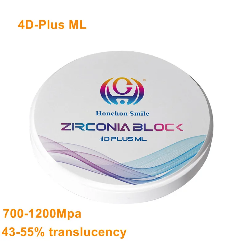 4D-Plus Mulitilayer zirconia which in 700-1200Mpa strength  and 43-55% translucency used for open CADCAM system OD98mm