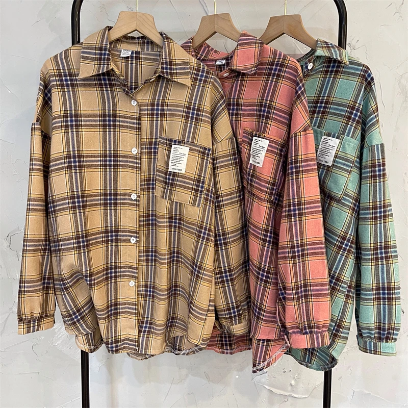 

Zoki Plaid Women Shirts Autumn Fashion Loose Lantern Sleeve Korean Turn Down Collar Female Button Up Tops Causal Pocket Shirts