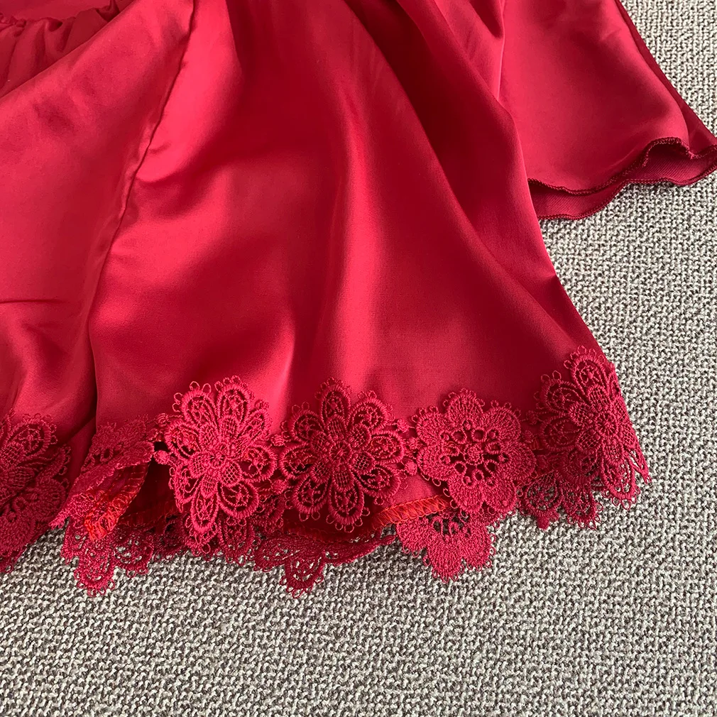 

Sexy Strap Top&Shorts Lady 2PCS Pajamas Suit Satin Intimate Lingerie Nightwear Lace Pyjamas Kimono Bathrobe Gown Silky Sleepwear