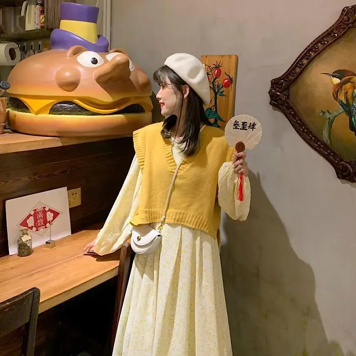 

Women 2021 Spring Autumn New 2 Pcs Sets Female V-neck Sweater Pullover Vest+Long Printed Loose Dress Ladies Fashion Suits Y522