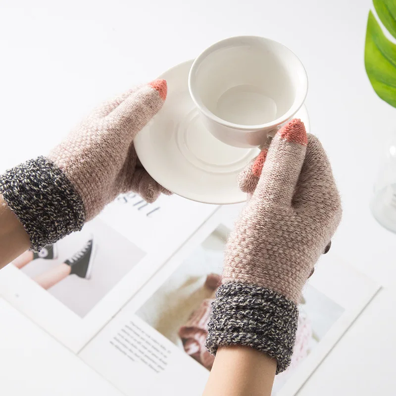 Модные зимние перчатки для сенсорного экрана женские теплые эластичные вязаные