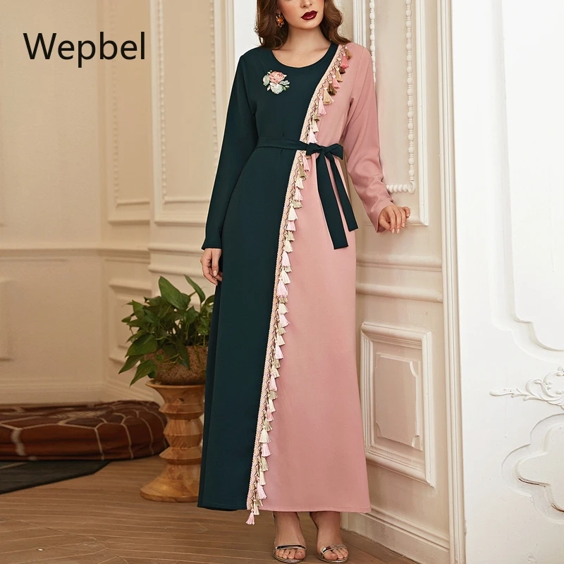 

Винтажная мусульманская абайя Wepbel, элегантный турецкий халат с длинным рукавом, с бахромой, мусульманская одежда, платье макси, платье, Abaya ...