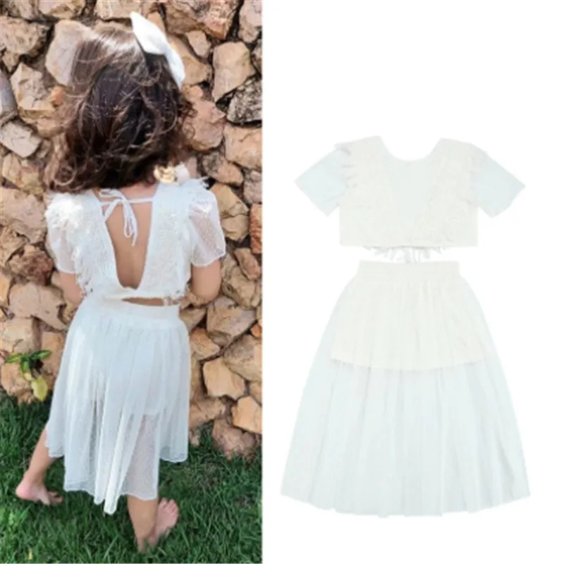 

2-8Y Summer Princess Kids Girls Clothes Sets 2pcs Lace Sleeve Floral Printed Backless T Shirts Shorts Skirts