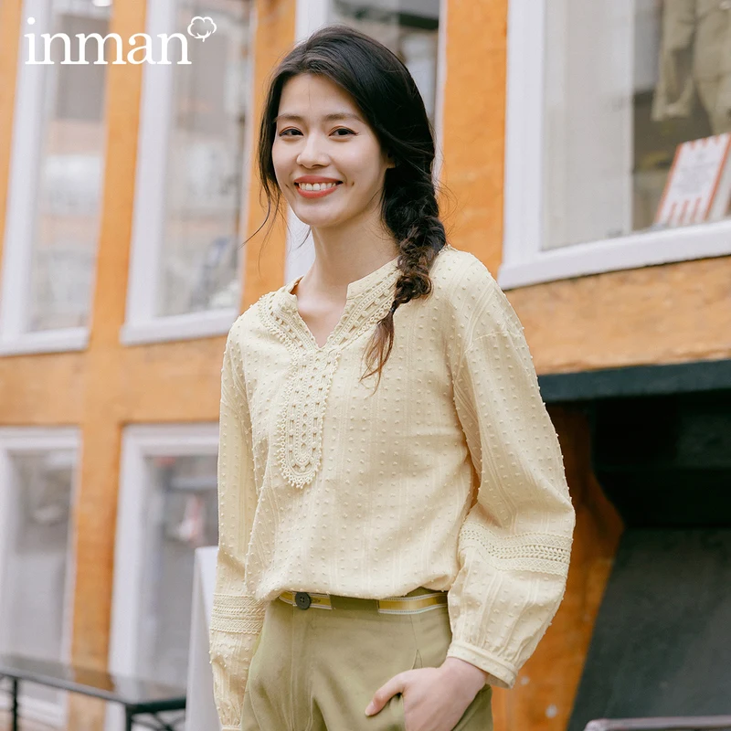 Блузка в стиле ретро с круглым воротником из чистого хлопка и треугольным