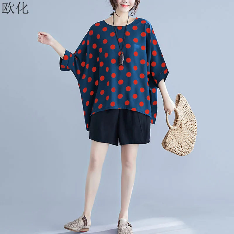 Женская свободная туника в горошек с рукавом летучая мышь|Футболки| |