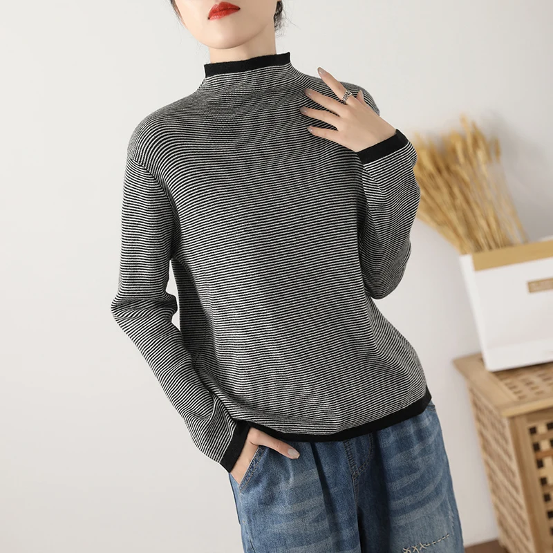 

women's sweater striped turtleneck knitted top long sleeves short fashion stylish casual pullover jumpers