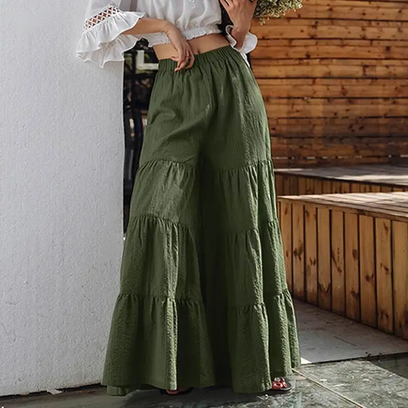 ZANZEA 2021 Ruffle Trousers Fashion Women's Wide Leg Pants Elastic Waist Pantalon Palazzo Female Oversized Solid Casual Turnip | Женская