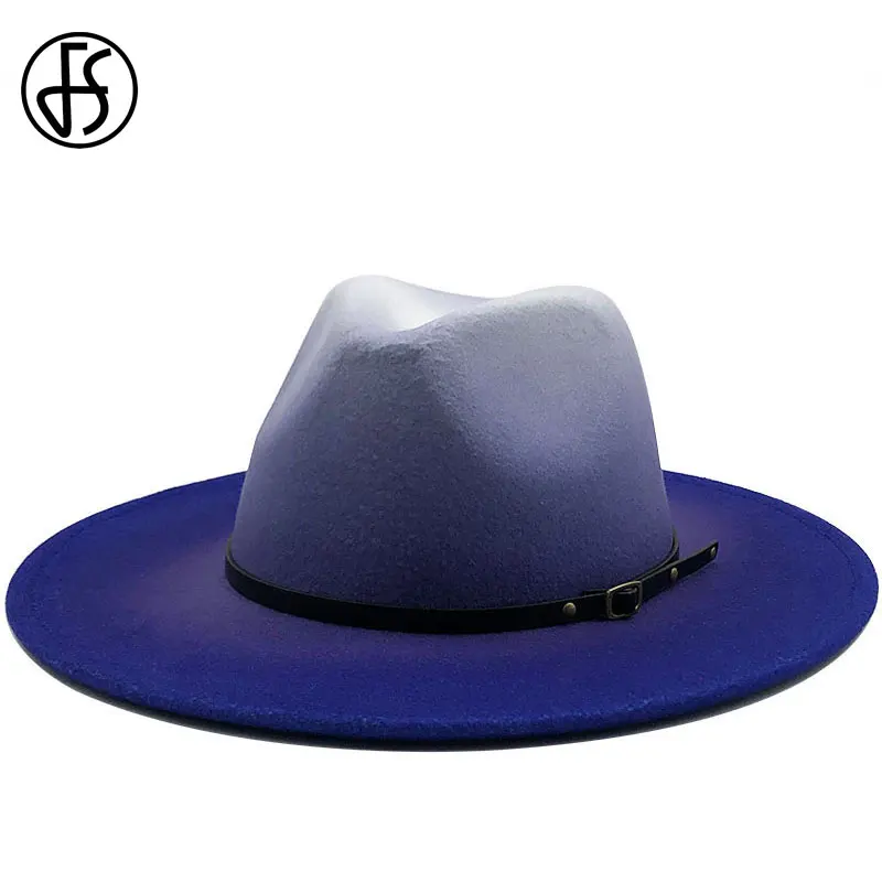 

FS Women Men Wool Vintage Trilby Felt Fedora Hat Wide Brim Gentleman Elegant Gradient Royal Blue For Ladies Winter Jazz Caps