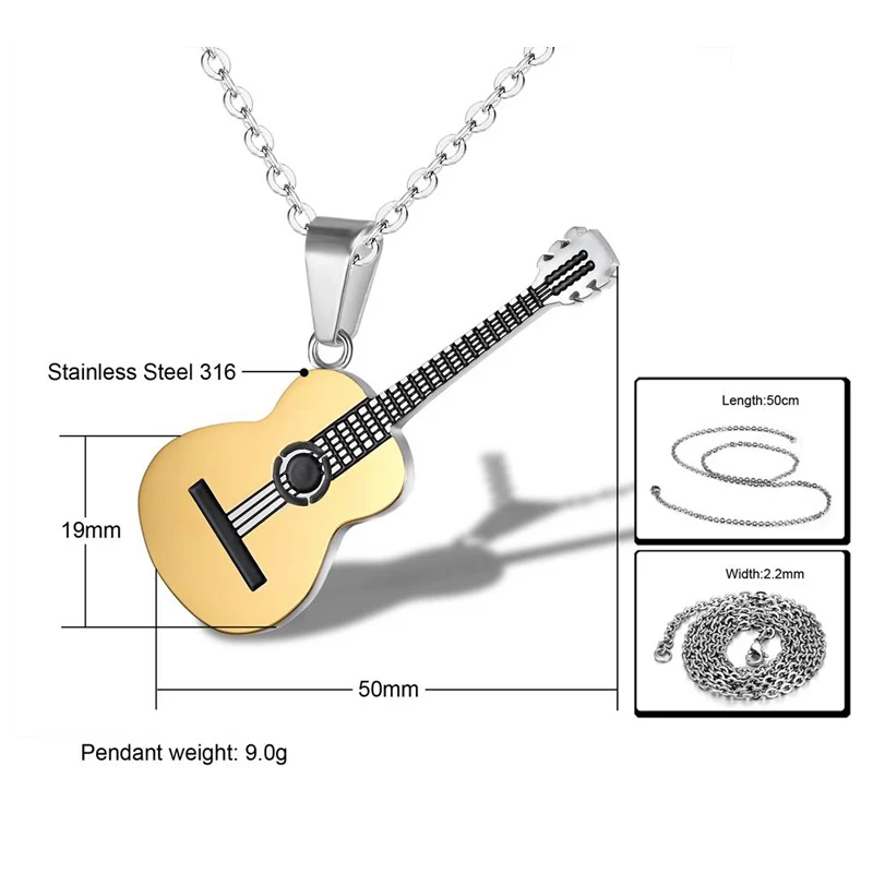 Фото Men Women Punk 316L Stainless Steel Guitar Necklaces Hip Hop Rock Slide Music Element Chains Necklace No Fade Pendant Jewelry №2