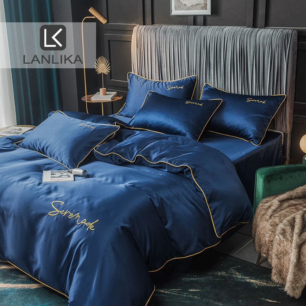 Lanlika роскошный темно синий 100% Шелковый комплект постельного белья Мягкий
