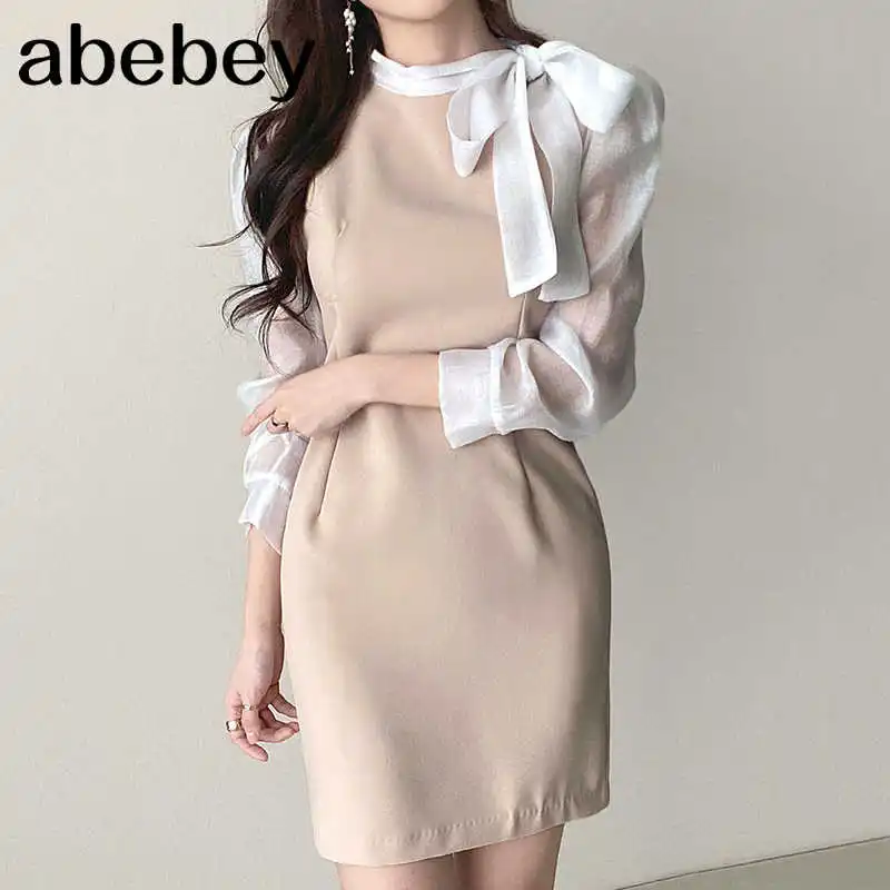 

New Summer Women Temperament All-match lace up bow stand collar Dress mesh stitching slim Dress 2021