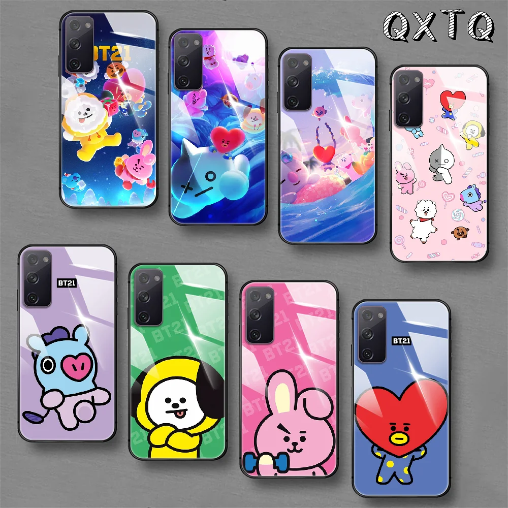 

Korean-BT-21-Kpop Cartoon Tempered Glass Phone Case For Samsung Galaxy Note S 8 9 10 20 21 E Plus Ultra M 31 51 FE Cover Cell