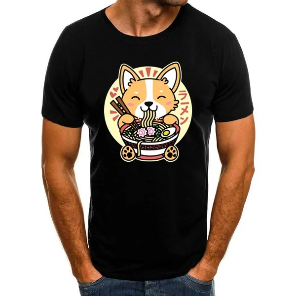 

corgi eating ramen cute kawaii noodles Men T-shirt Cool Tees Top xxx