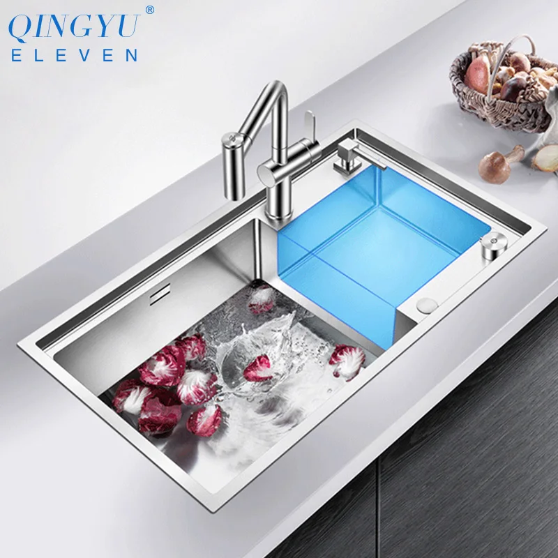 

2021 New Handmade Brushed Stepped Kitchen Sink High And Low Sink 4mm Thickness 220mm Depth Large Size Single Kitchen Sink