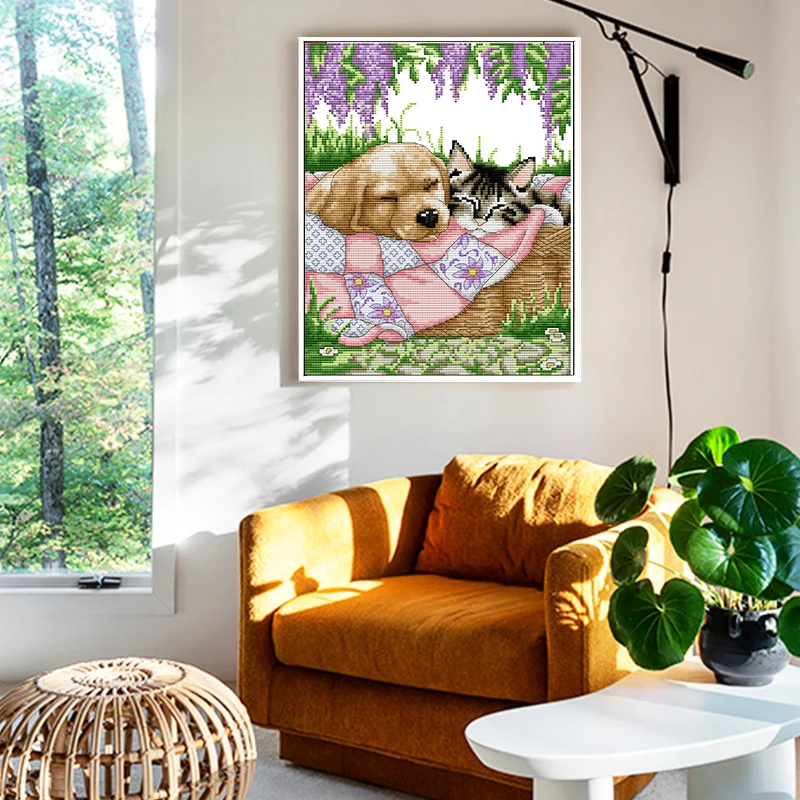 Набор для вышивки спящим котом и собакой тканевый холст с отпечатанным штампом