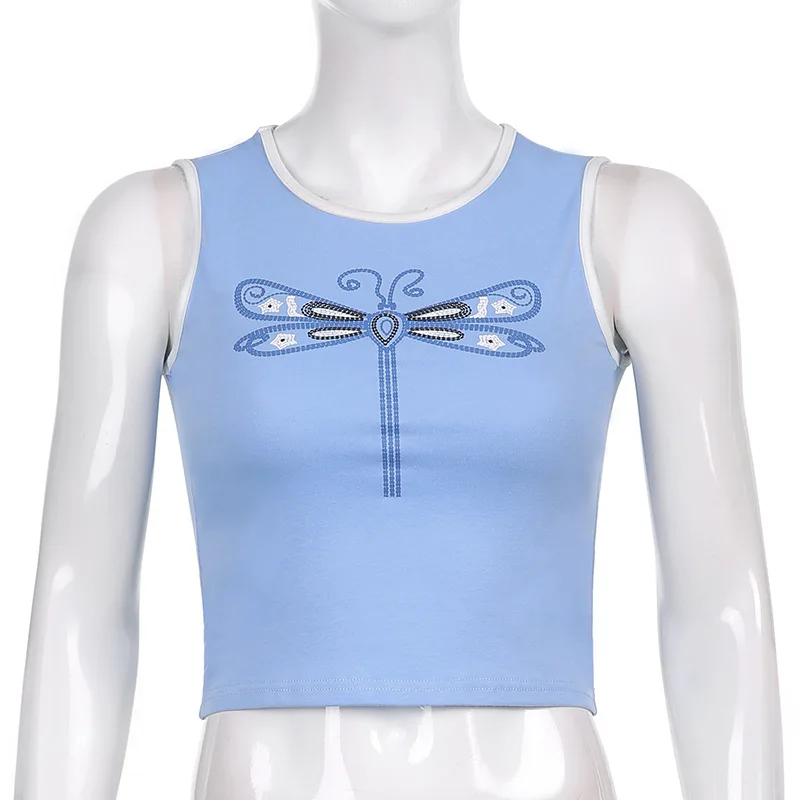 

ALLNeon Vintage Y2K Dragonfly Print Baby Blue Crop Tops Kawaii Streetwear O-neck Sleeveless Tanks Summer Cute Outfits Women Slim