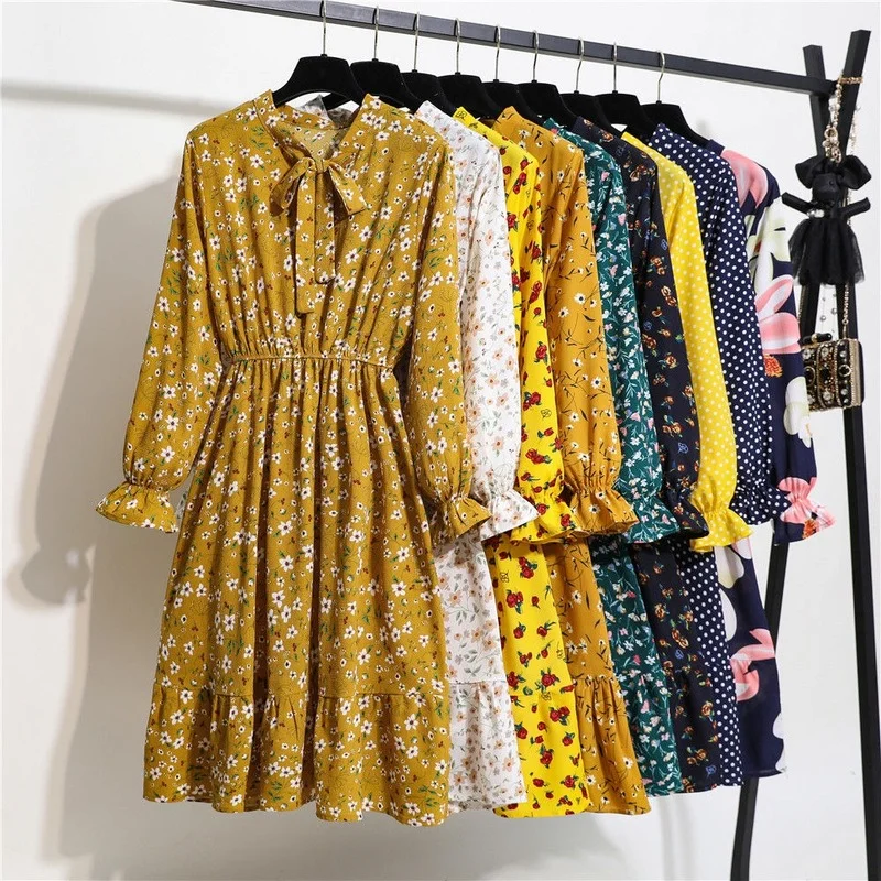 

Elegant Floral Print Women Midi Dress Female Boho Long Sleeve Office Chiffon A-line Dress Vintage V-neck Sweet Vestidos Dresses